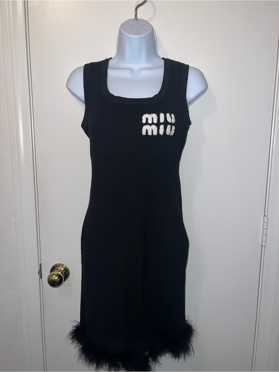 Miu Miu Dresses & Skirts - Miu Miu Black Knit Tank Dress with White Logo and Feather Trim